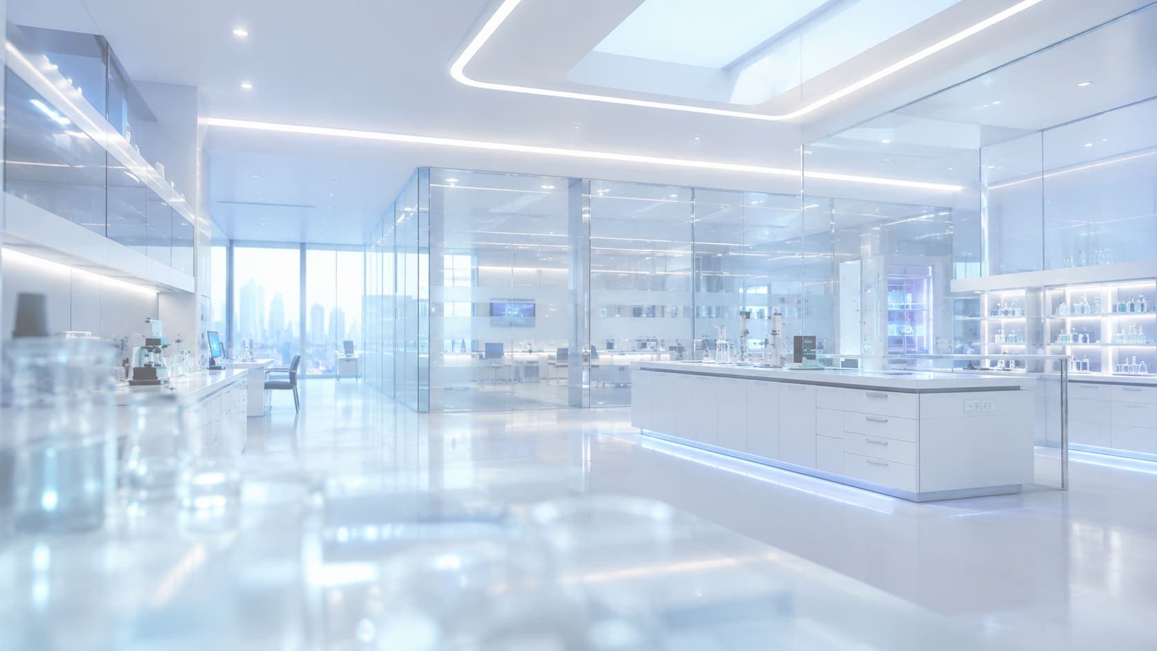 A materials testing laboratory — glass partitions, instrument shelving and a reflective floor