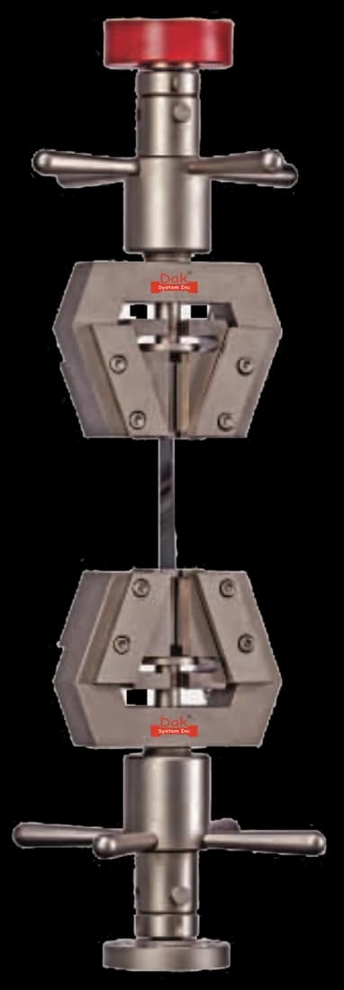 Universal parallel wedge grips holding a flat specimen between self-tightening jaws