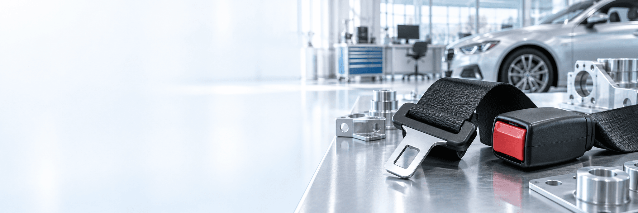 Illustrative automotive laboratory scene with seat-belt webbing, latch tongue, buckle and vehicle components