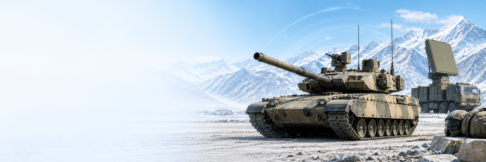 Conceptual defence scene with an armoured vehicle, radar vehicle and high-altitude terrain