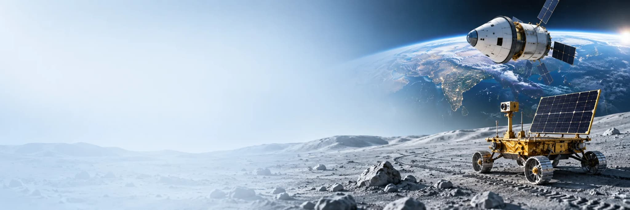 Mission-inspired illustration of a lunar rover and space capsule