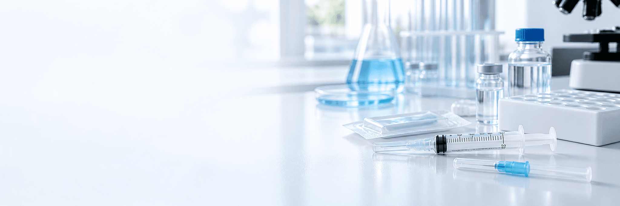 Illustrative biomedical laboratory scene with a syringe, capped needle and medical-device packaging