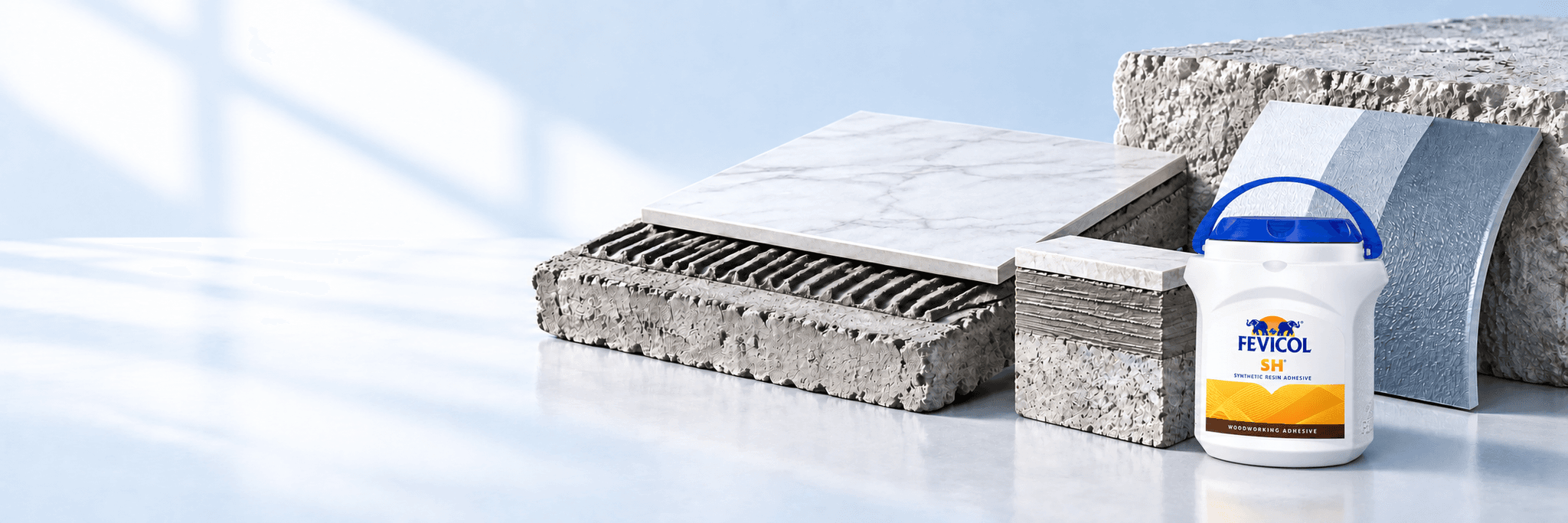 Illustrative adhesive-testing montage featuring Pidilite's Fevicol alongside tile-bond and coating specimens