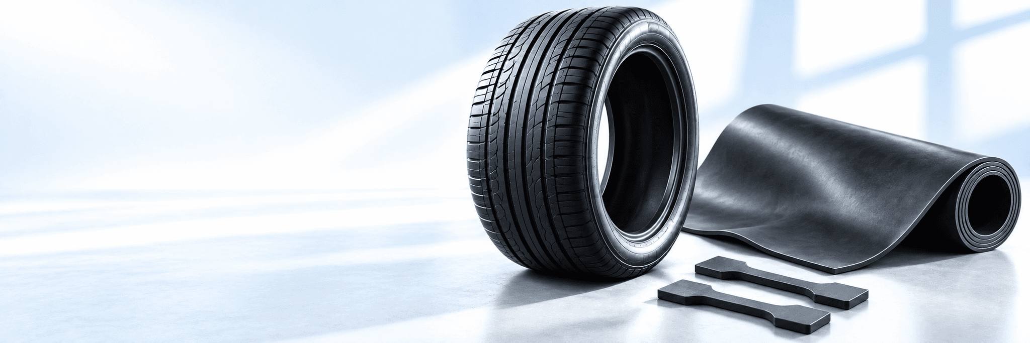 Conceptual tyre, rubber sheet and tensile specimen composition