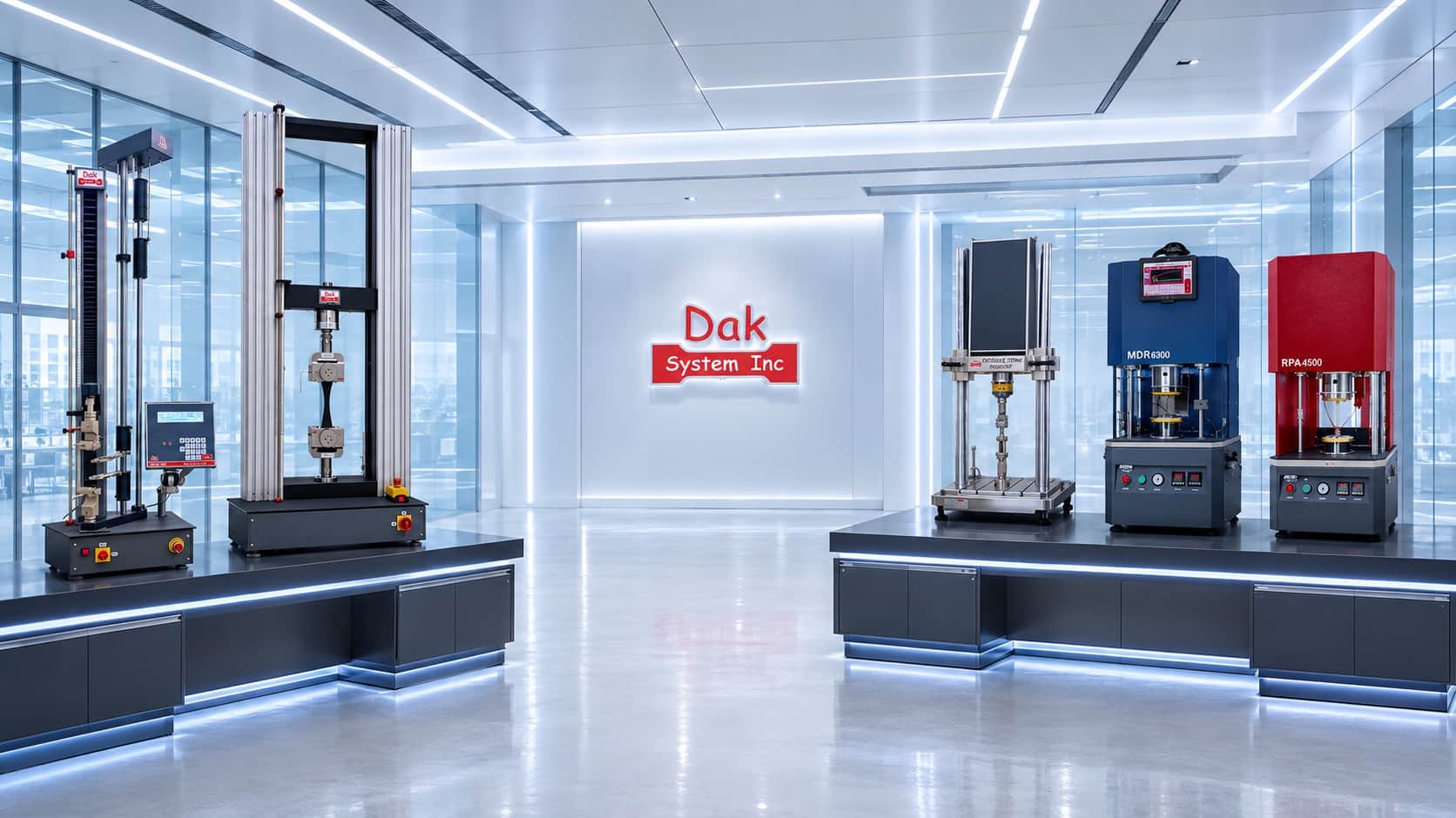 A Dak System laboratory: universal testing machines along the wall, with an MDR 4000 and an RPA 4500 rheometer on the bench